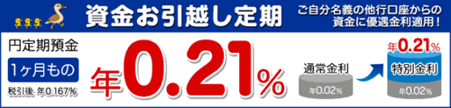 楽天銀行：自分名義からの振込で特別優遇金利 1ヶ月 0.21%！ 2017/09/30迄